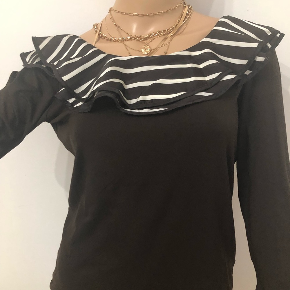 Lauren Ralph Lauren Brown and White Ruffled Bib Collar Blouse